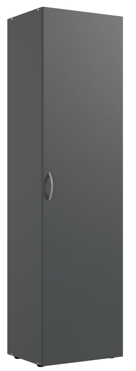 Grauer, schmaler Kleiderschrank mit einer Tür und silbernem Griff, seitliche Perspektive