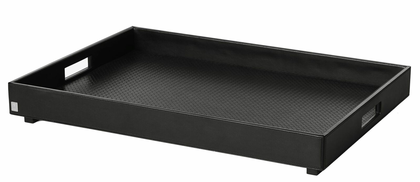 JOOP! Tablett XL DINING GLAMOUR Schwarzes Tablett XL mit strukturiertem Boden und seitlichen Griffen, perspektivisch von schräg oben fotografiert.