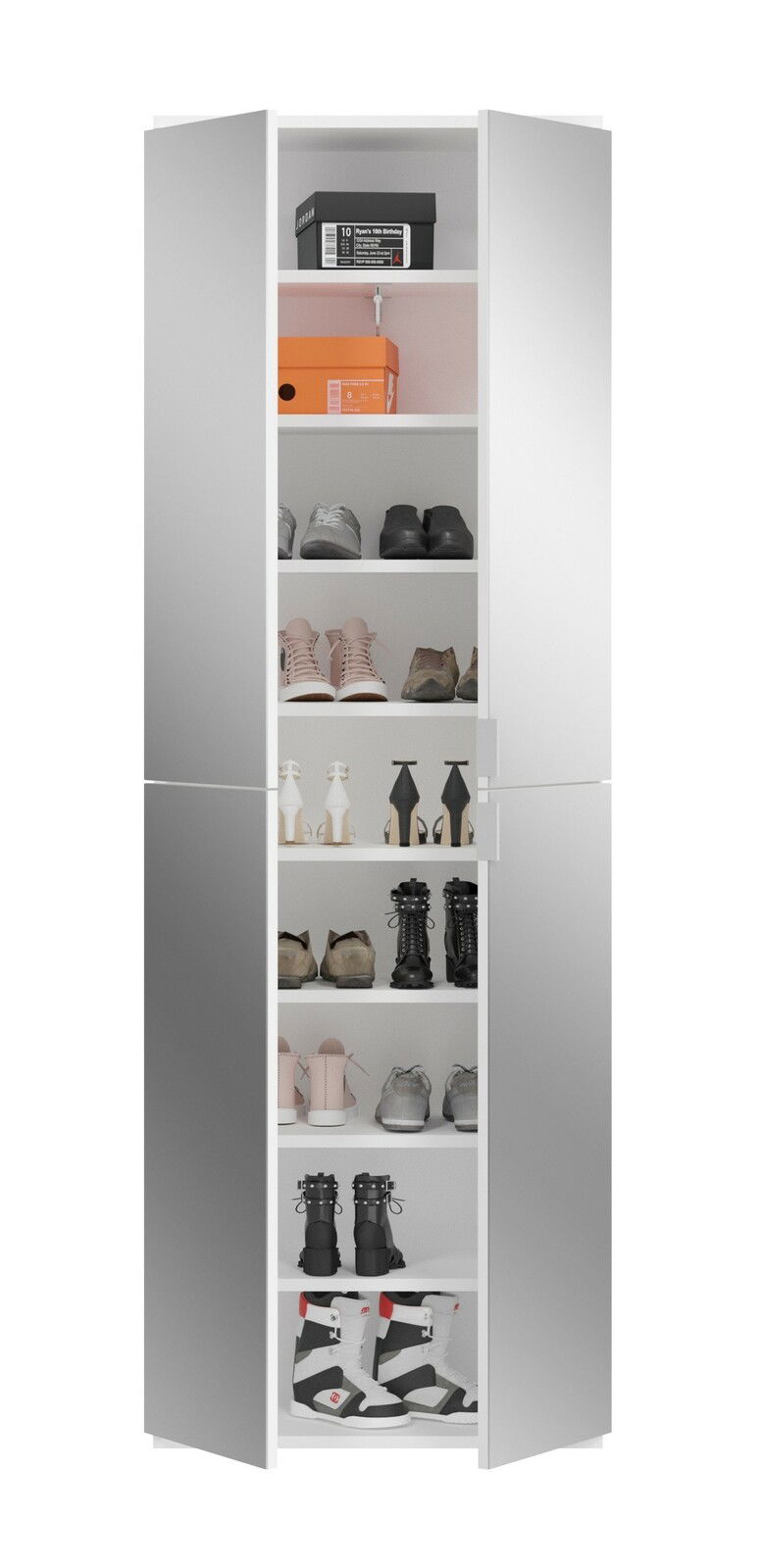 Schmaler, weißer Schuhschrank mit mehreren Fächern, gefüllt mit verschiedenen Schuhen, aus frontaler Perspektive.