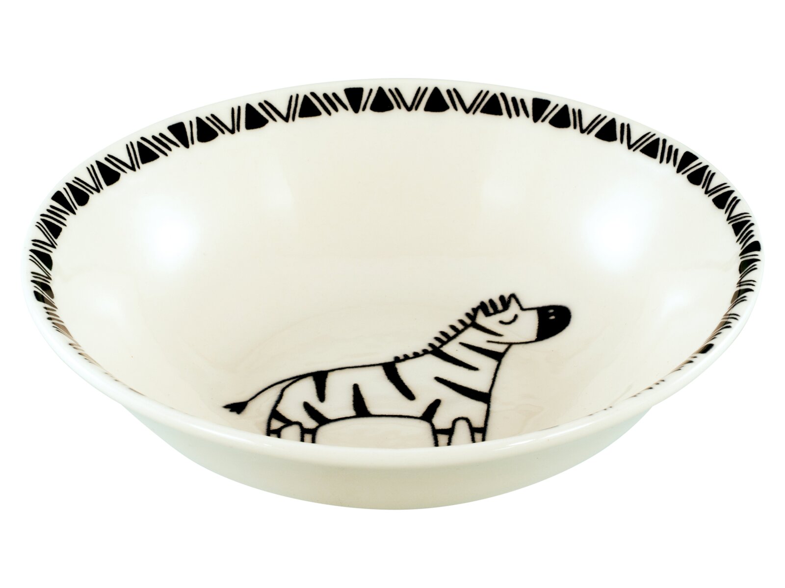 Weiße Keramikschale mit schwarzem Zebra-Motiv innen und geometrischem Randmuster, frontale Ansicht leicht von oben