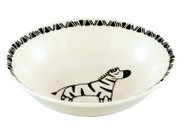 Weiße Keramikschale mit schwarzem Zebra-Motiv innen und geometrischem Randmuster, frontale Ansicht leicht von oben