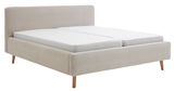 Polsterbettgestell in Beige mit gestreiftem Stoffbezug, seitliche Perspektive