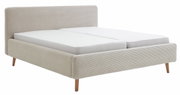 Polsterbettgestell in Beige mit gestreiftem Stoffbezug, seitliche Perspektive