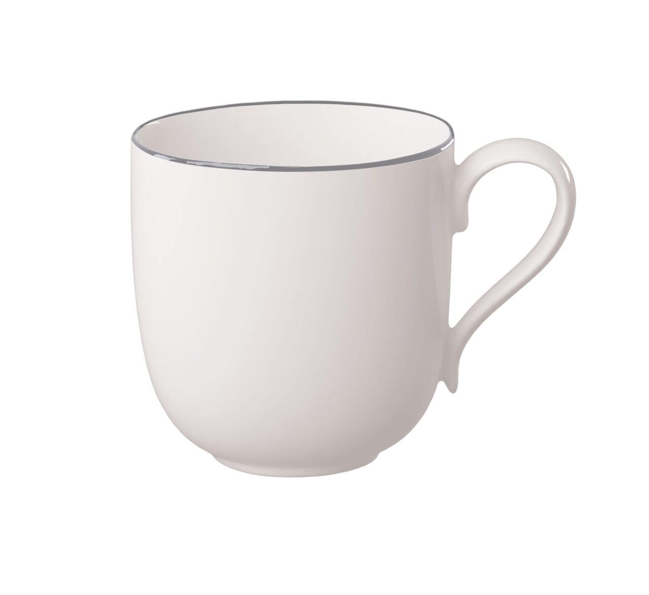 Weißer Kaffeebecher mit elegantem Henkel, seitliche Perspektive
