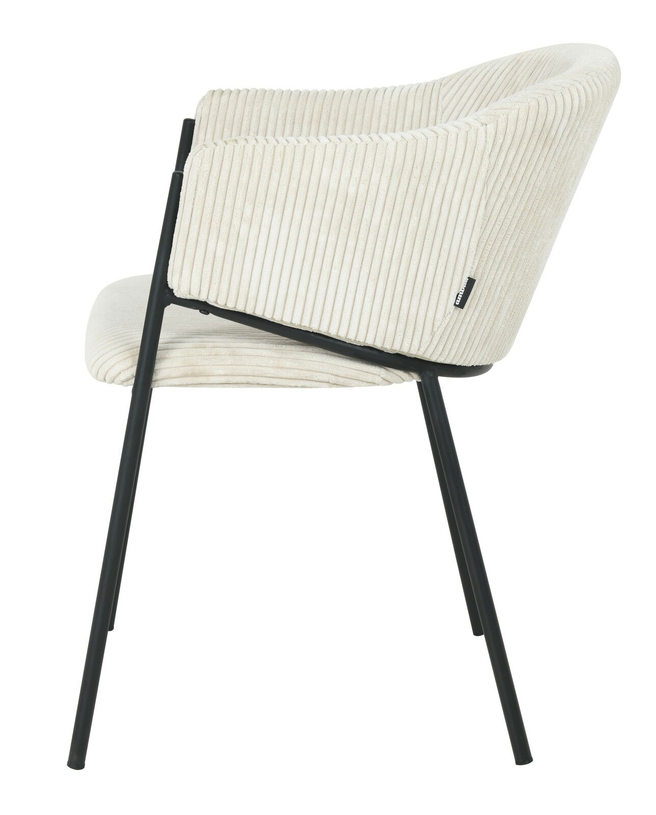 Z2 Armlehnstuhl KRONOS Seitenansicht eines modernen Armlehnstuhls mit cremefarbenem, geripptem Stoffbezug und schwarzen Metallbeinen.
