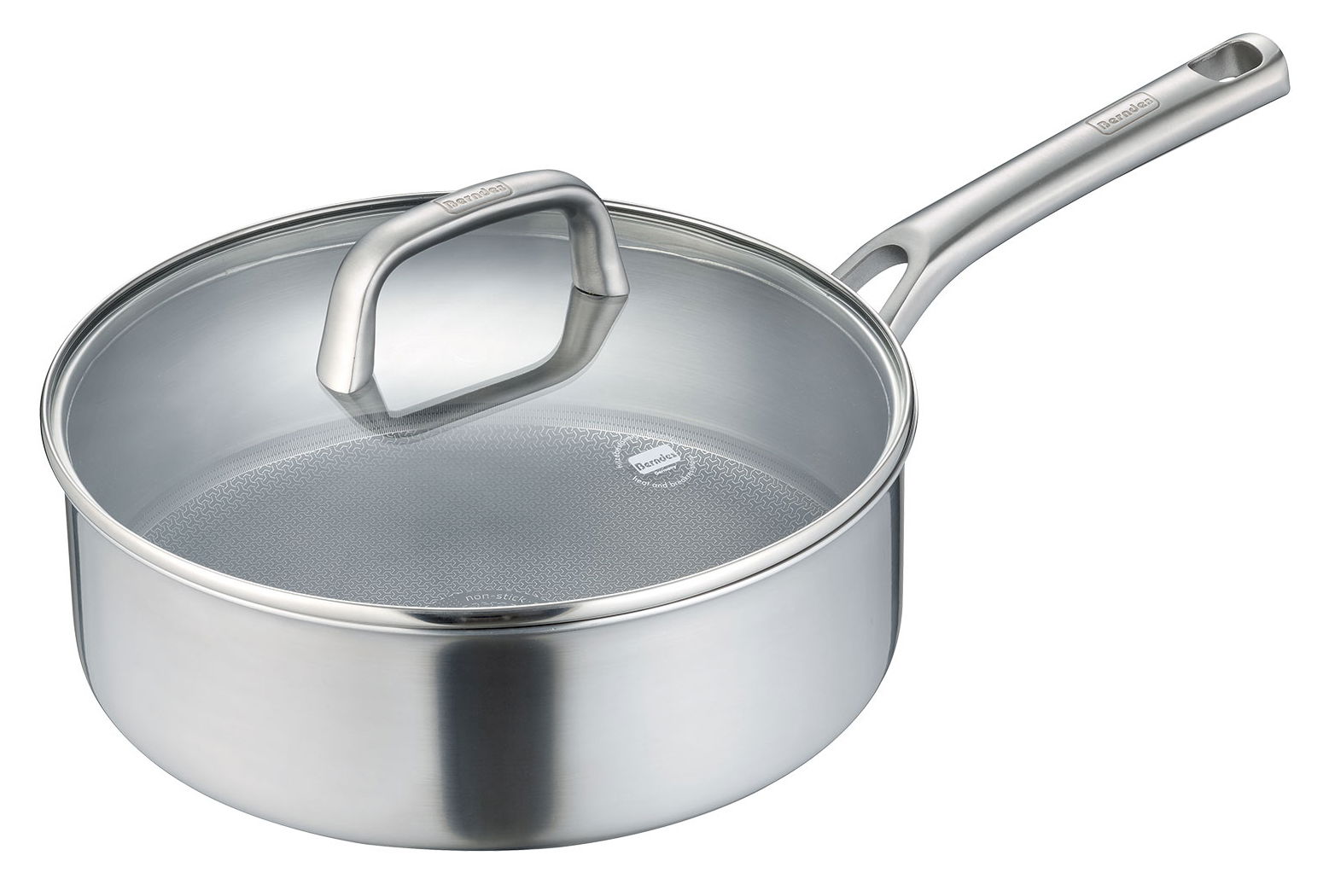 Schmorpfanne Tricion Resist 28 aus Edelstahl mit Glasdeckel und langem Griff, seitliche Perspektive