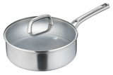 Schmorpfanne Tricion Resist 28 aus Edelstahl mit Glasdeckel und langem Griff, seitliche Perspektive