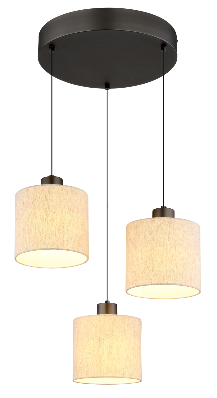 NOWA Hängeleuchte THEA Dreiflammige Hängeleuchte mit runden, cremefarbenen Lampenschirmen aus Stoff, von unten betrachtet.