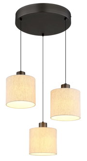 Dreiflammige Hängeleuchte mit runden, cremefarbenen Lampenschirmen aus Stoff, von unten betrachtet.