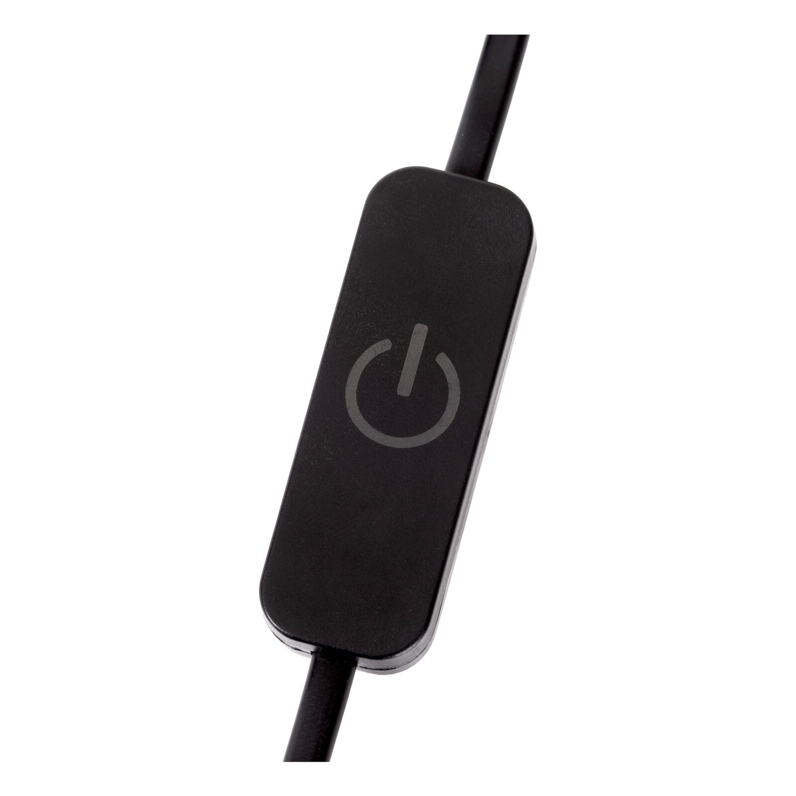 Schwarzer Inline-Ein-/Ausschalter am Kabel mit Power-Symbol, Nahaufnahme in schräger Draufsicht vor weißem Hintergrund