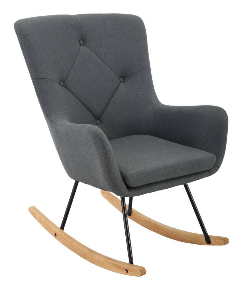 Grauer Schaukelsessel mit Holzbeinen und schwarzem Metallgestell, seitliche Perspektive