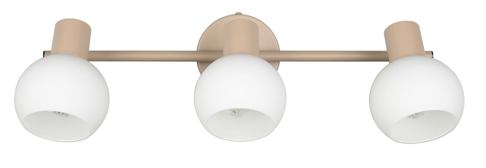 Dreifacher Strahler mit weißen, kugelförmigen Lampenschirmen und beiger Halterung, Ansicht von vorne.