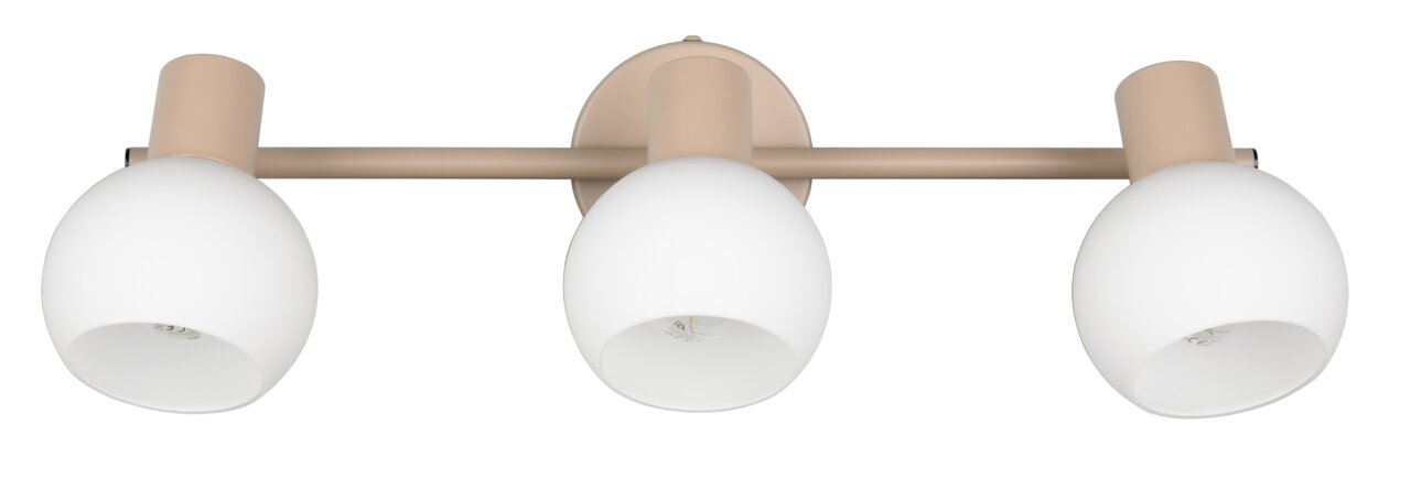 Dreifacher Strahler mit weißen, kugelförmigen Lampenschirmen und beiger Halterung, Ansicht von vorne.