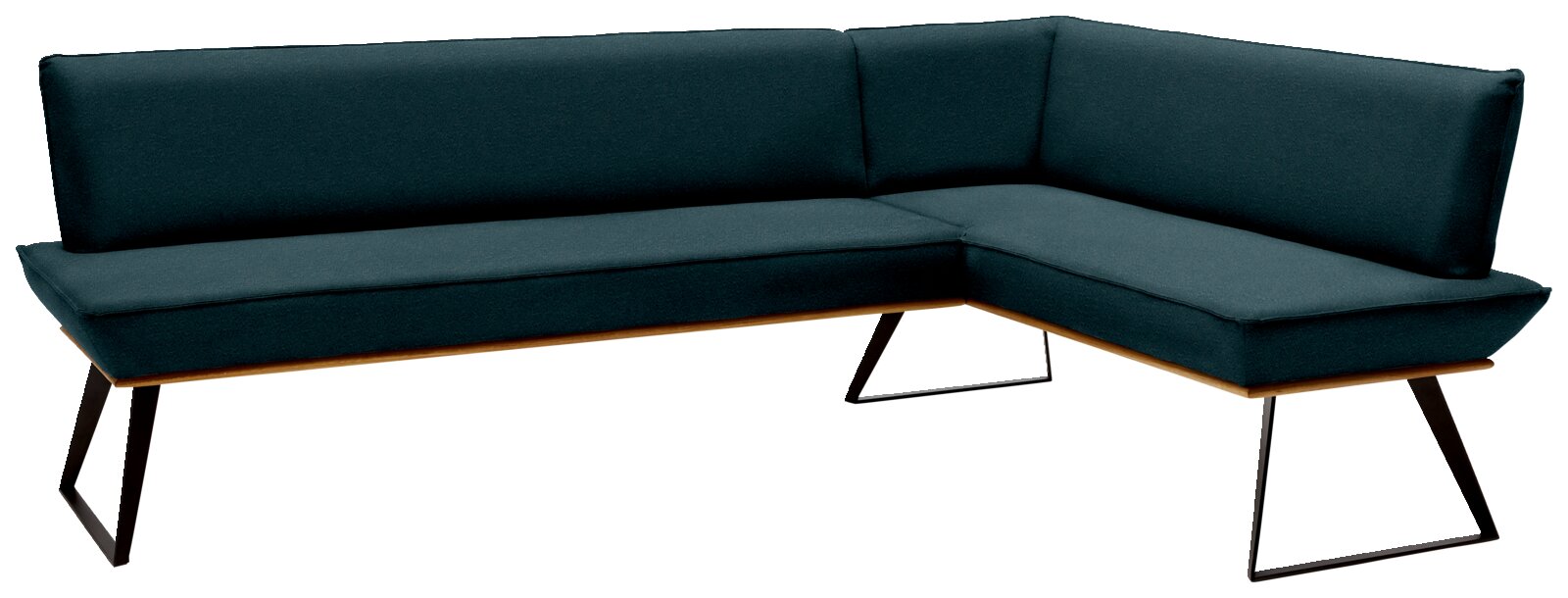 Moderne hoekbank met donkere stoffen bekleding, gezien vanaf links vooraan