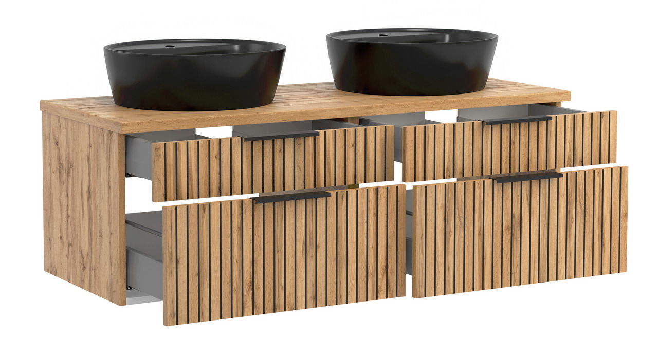 Waschtisch-Set mit zwei schwarzen Aufsatzwaschbecken und Holzunterschrank mit Schubladen, Frontansicht