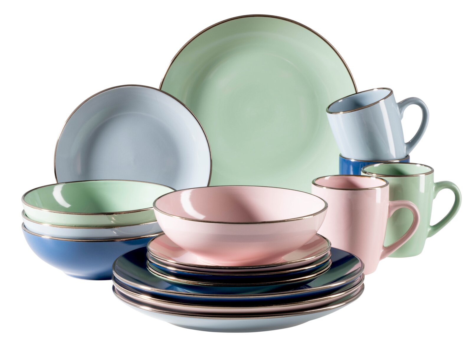 Pastellfarbenes Keramik-Geschirrset mit Tellern, Schalen und Tassen in Grün, Blau und Rosa mit feinem Rand, Studioaufnahme in leicht schräger Frontansicht auf weißem Hintergrund