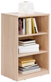 Holzregal mit drei Fächern, gefüllt mit Büchern und einer weißen Vase obenauf, seitliche Perspektive