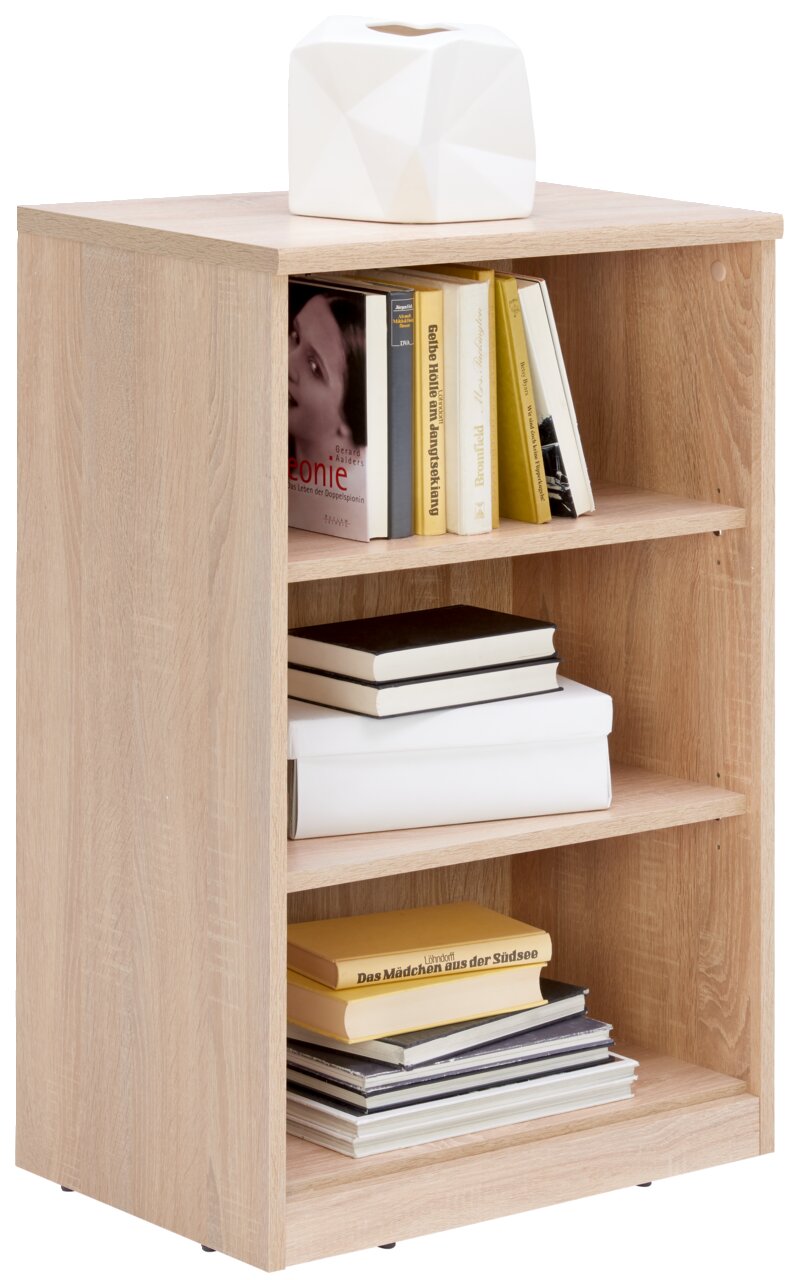 Holzregal mit drei Fächern, gefüllt mit Büchern und einer weißen Vase obenauf, seitliche Perspektive