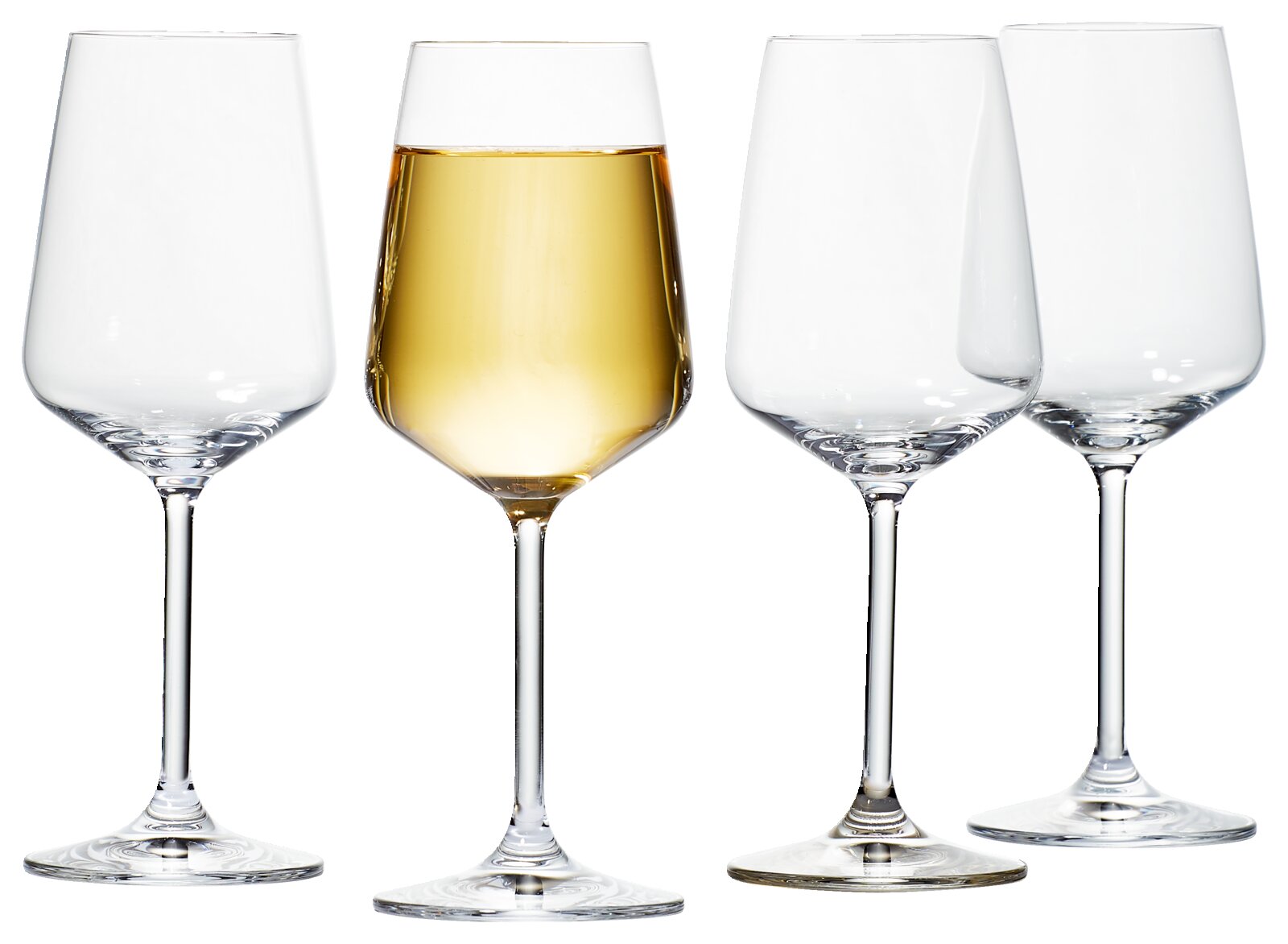 Vier elegante Weißweingläser im Set, eines gefüllt mit Weißwein, aus der Frontalperspektive.