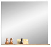 Quadratischer Spiegel mit Holzregal und dekorativen Holzfiguren, Frontalansicht