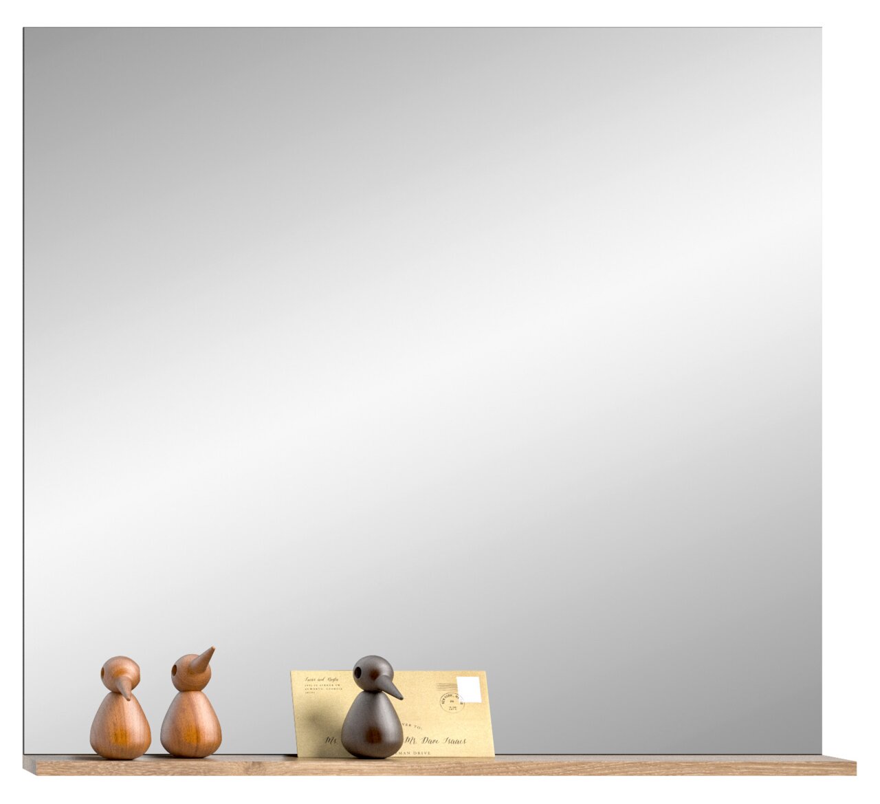 Quadratischer Spiegel mit Holzregal und dekorativen Holzfiguren, Frontalansicht