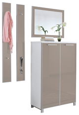 Garderoben-Set bestehend aus einem hohen Schrank mit zwei Türen, zwei Wandpaneelen mit Haken und einem großen Spiegel, frontal betrachtet.
