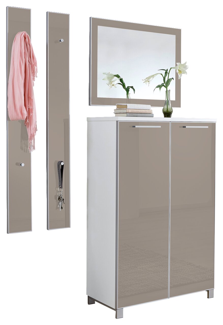 VOSS Garderoben-Set 4-tlg. SANTINA Garderoben-Set bestehend aus einem hohen Schrank mit zwei Türen, zwei Wandpaneelen mit Haken und einem großen Spiegel, frontal betrachtet.