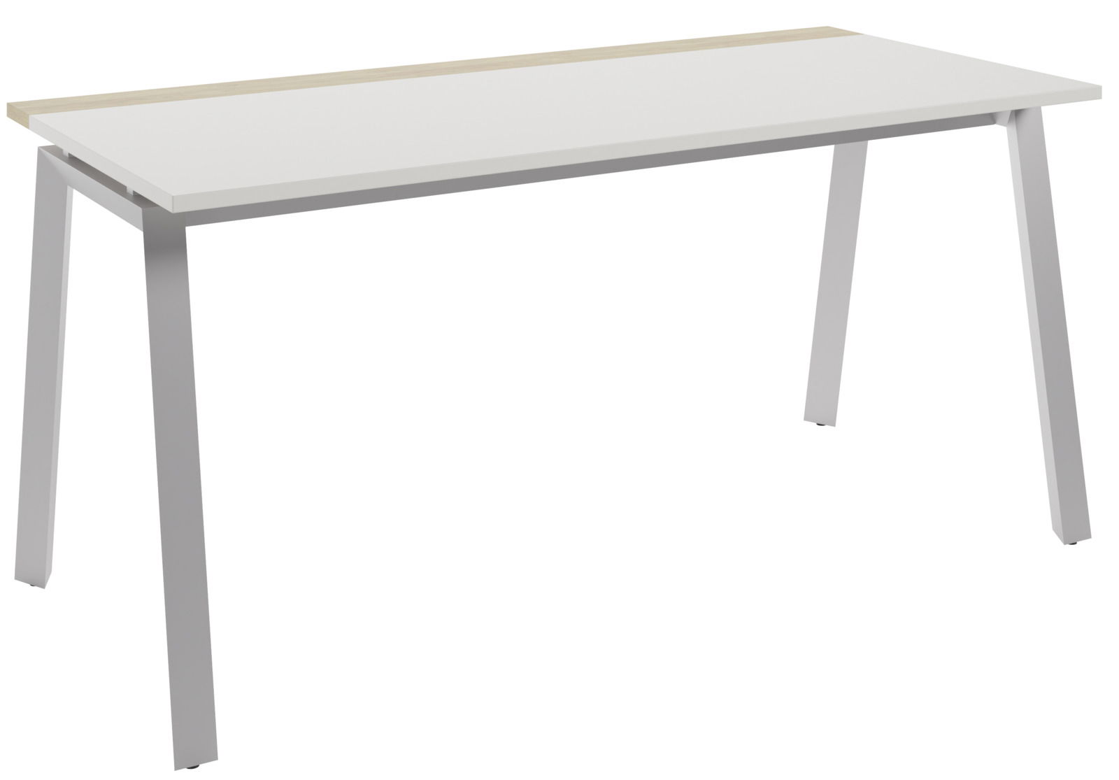 Moderner Schreibtisch mit weißer Tischplatte und schrägen Metallbeinen, seitliche Perspektive