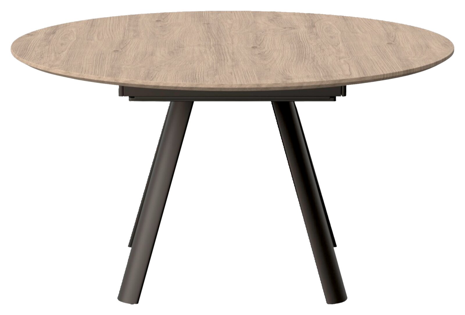 JOOP! Esstisch STUDIO J62 Runder Esstisch mit heller Holzoptik-Tischplatte und schwarzen, schräg gestellten Metallbeinen, frontal in leichter Untersicht freigestellt auf weißem Hintergrund