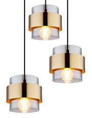 Drei moderne Hängeleuchten mit goldenen und transparenten Elementen, aus der Frontalperspektive fotografiert.