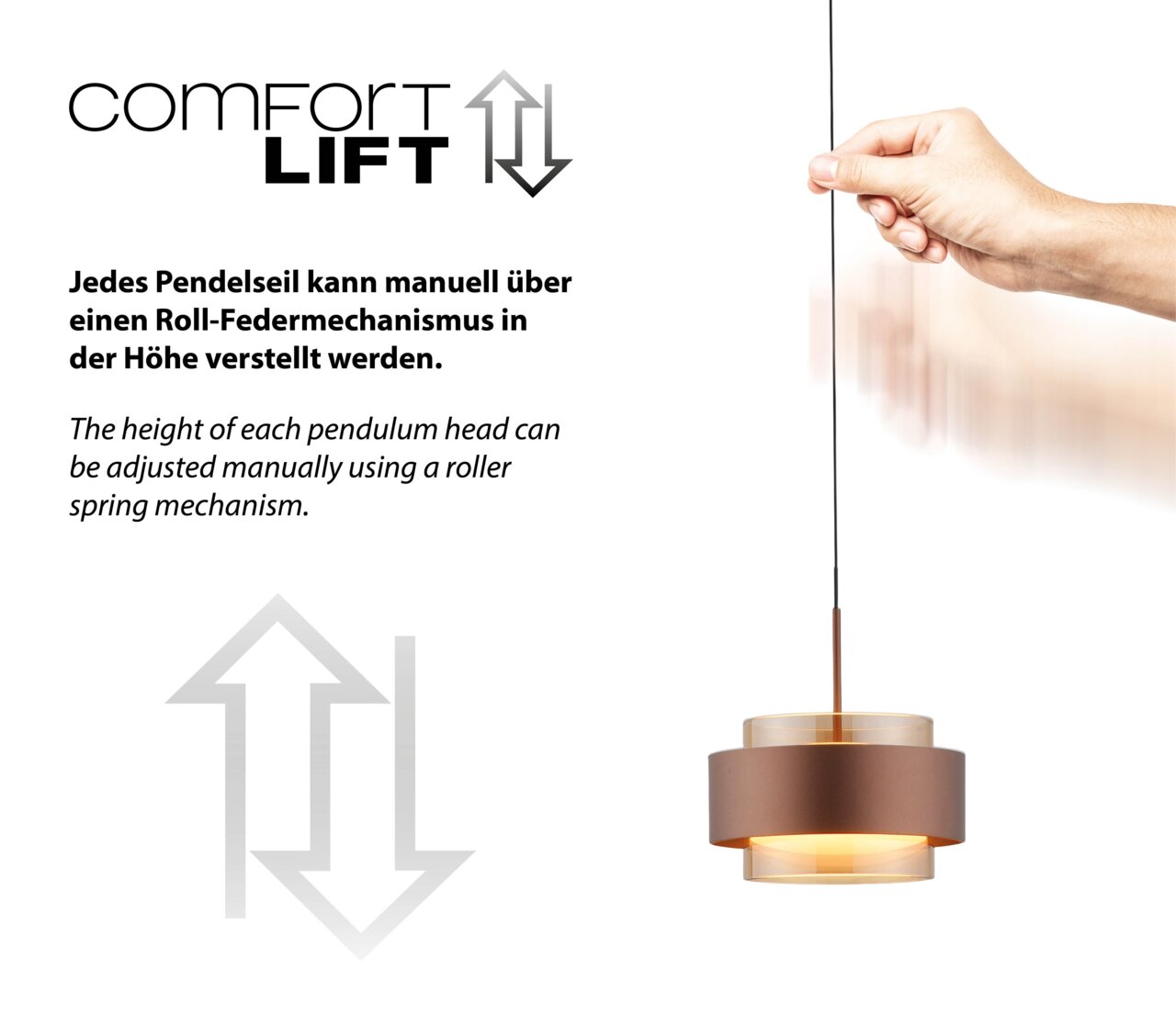 LED-Hängeleuchte mit manuell verstellbarem Pendelseil, seitliche Perspektive