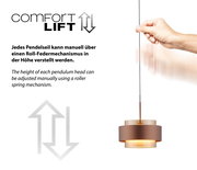 LED-Hängeleuchte mit manuell verstellbarem Pendelseil, seitliche Perspektive