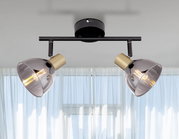 Metalen straler met twee vlammen in zwart met gouden accenten, plafondmontage, zijaanzicht