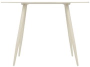 Beige Tischbeine eines modernen Tisches unter einer hellen Tischplatte, Produktansicht von schräg unten/von der Seite vor weißem Hintergrund