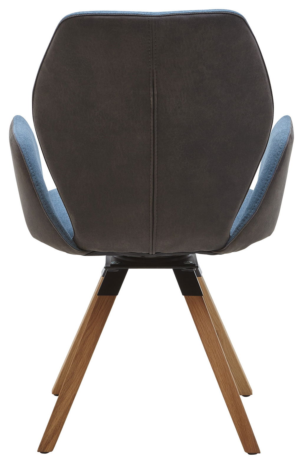 Rückansicht eines modernen Armlehnenstuhls mit dunkelgrauer Rückenlehne und blauen Akzenten, auf Holzbeinen.