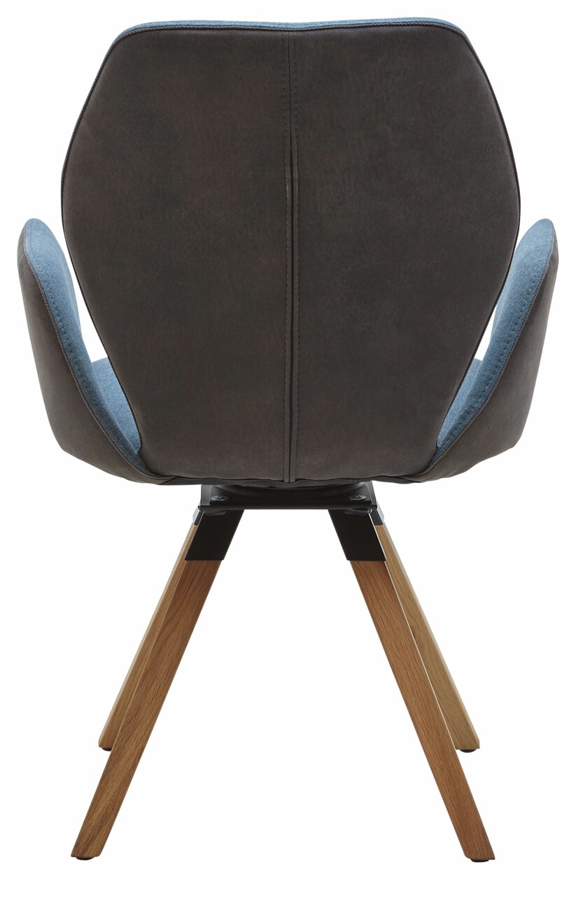 Rückansicht eines modernen Armlehnenstuhls mit dunkelgrauer Rückenlehne und blauen Akzenten, auf Holzbeinen.