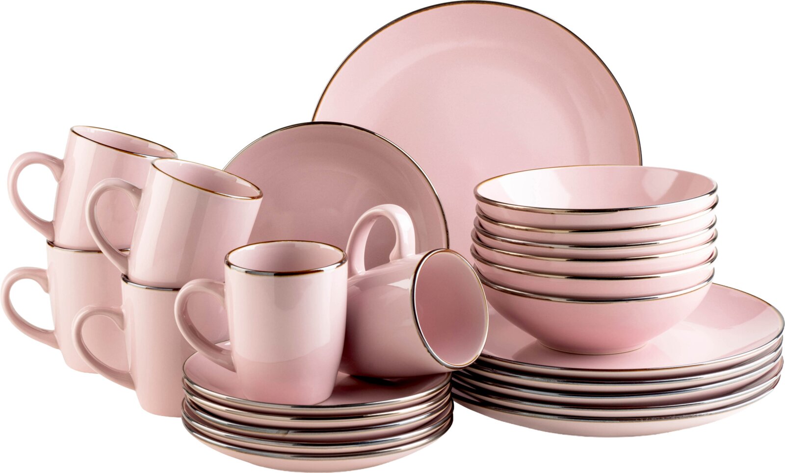 Mäser Kombiset 24-tlg. METALLIC RIM Rosa Keramik-Geschirrset mit goldfarbenem Rand, bestehend aus Tassen, Tellern und Schalen, in leicht schräger Frontansicht auf weißem Hintergrund