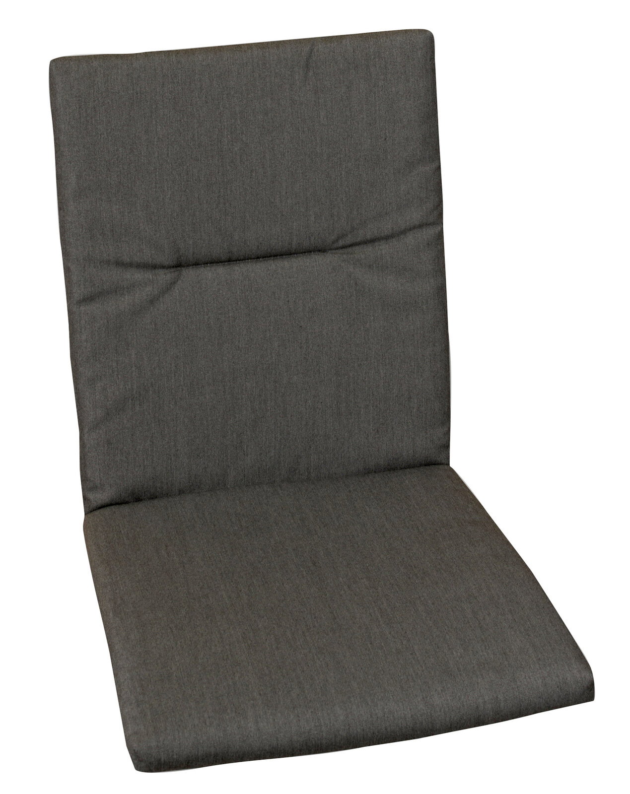 Graue Mittellehnerauflage aus Stoff, frontal fotografiert.