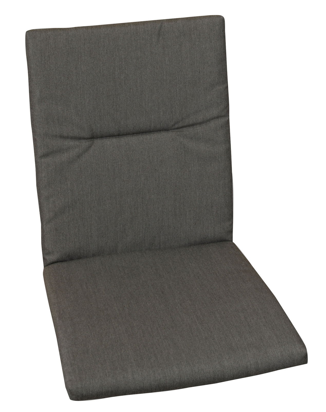 Graue Mittellehnerauflage aus Stoff, frontal fotografiert.