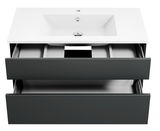 Moderne Badkombination mit weißem Waschbecken und zwei offenen Schubladen, Ansicht von vorne