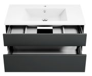 Moderne Badkombination mit weißem Waschbecken und zwei offenen Schubladen, Ansicht von vorne