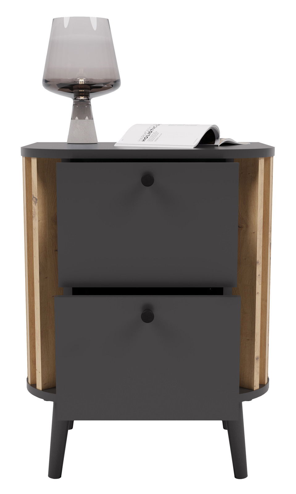 Moderne Nachtkommode mit zwei Schubladen in dunklem Grau, dekoriert mit einer Lampe und einem Buch, Frontalansicht