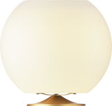 Kugelförmige Tischlampe aus Messing mit weißem Schirm, frontal betrachtet.