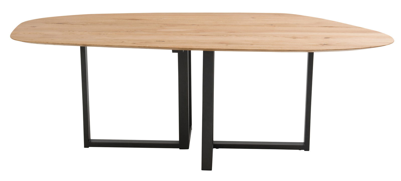 Moderner Esstisch mit Holzplatte und schwarzen Metallbeinen, seitliche Perspektive.