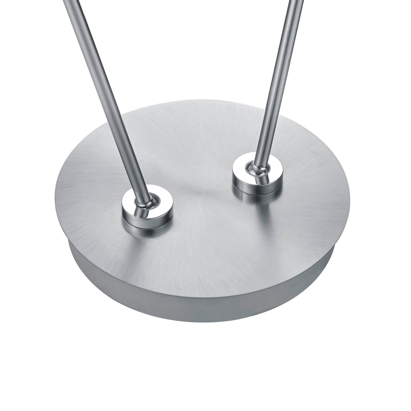 Hell LED-Stehleuchte TOM Nahaufnahme der Basis einer LED-Stehleuchte aus gebürstetem Metall mit zwei schlanken Stangen.