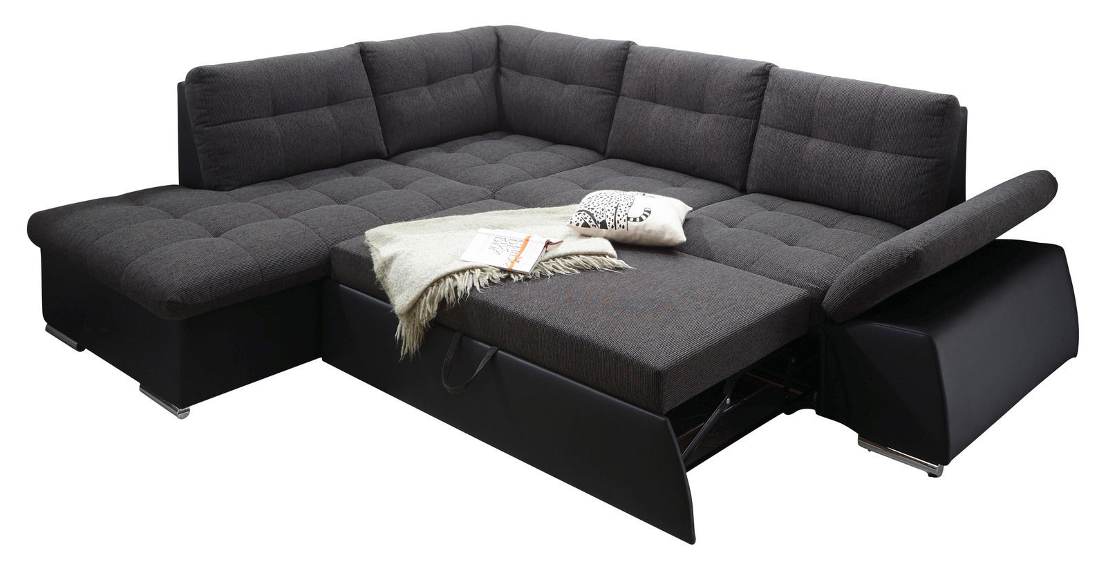 Dunkelgraue Rundecke mit ausziehbarem Bett, dekoriert mit Kissen und Decke, Perspektive von schräg oben.