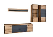 Wohnwand-Set im modernen Design aus Holzoptik und Anthrazit mit Lowboard, Wandboard und zwei Vitrinenschränken, freigestellt auf weißem Hintergrund, frontale Perspektive