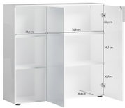Weißer, niedriger Aktenschrank mit Regal, offene Türen, Vorderansicht, Maße sichtbar.