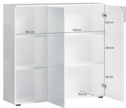 Weißer, niedriger Aktenschrank mit Regal, offene Türen, Vorderansicht, Maße sichtbar.
