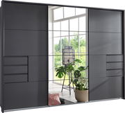 Moderner Schwebetürenschrank in dunklem Design mit Spiegel in einer hellen Raumumgebung, Frontalansicht